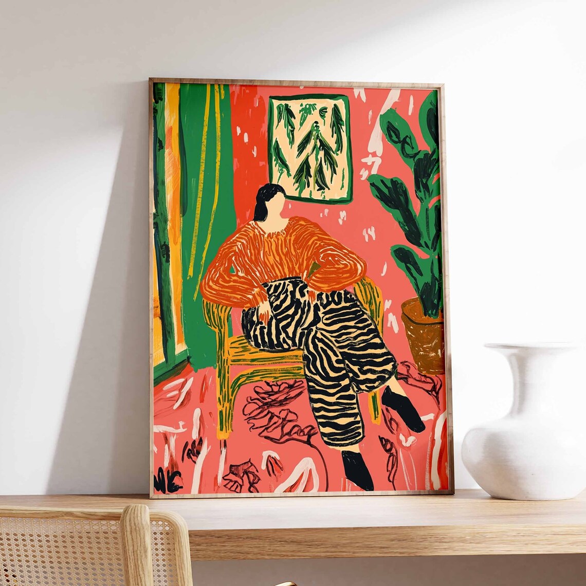 Woman in Orange Sweater and Zebra Pants Colorful Botanical Poster