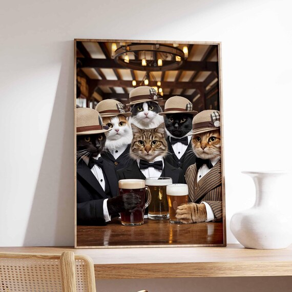 Cats in Bowler Hats and Tuxedos with Beer Mugs Dapper Funny Poster