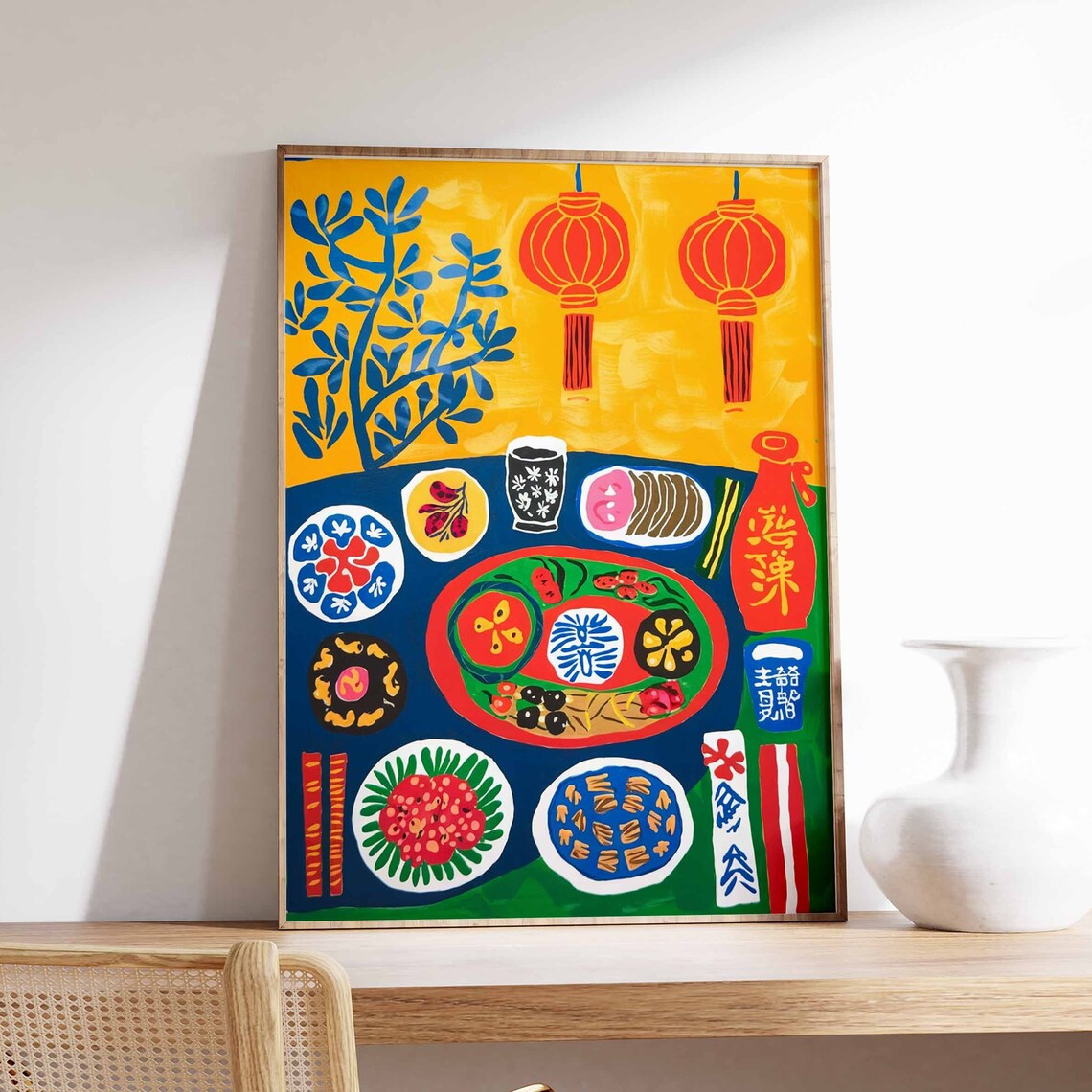Chinese Feast With Red Lanterns Colorful Banquet Table Poster