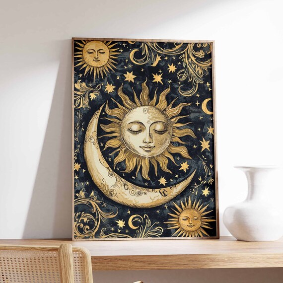 Glowing Golden Sun Above Ornate Crescent Moon On Navy Poster