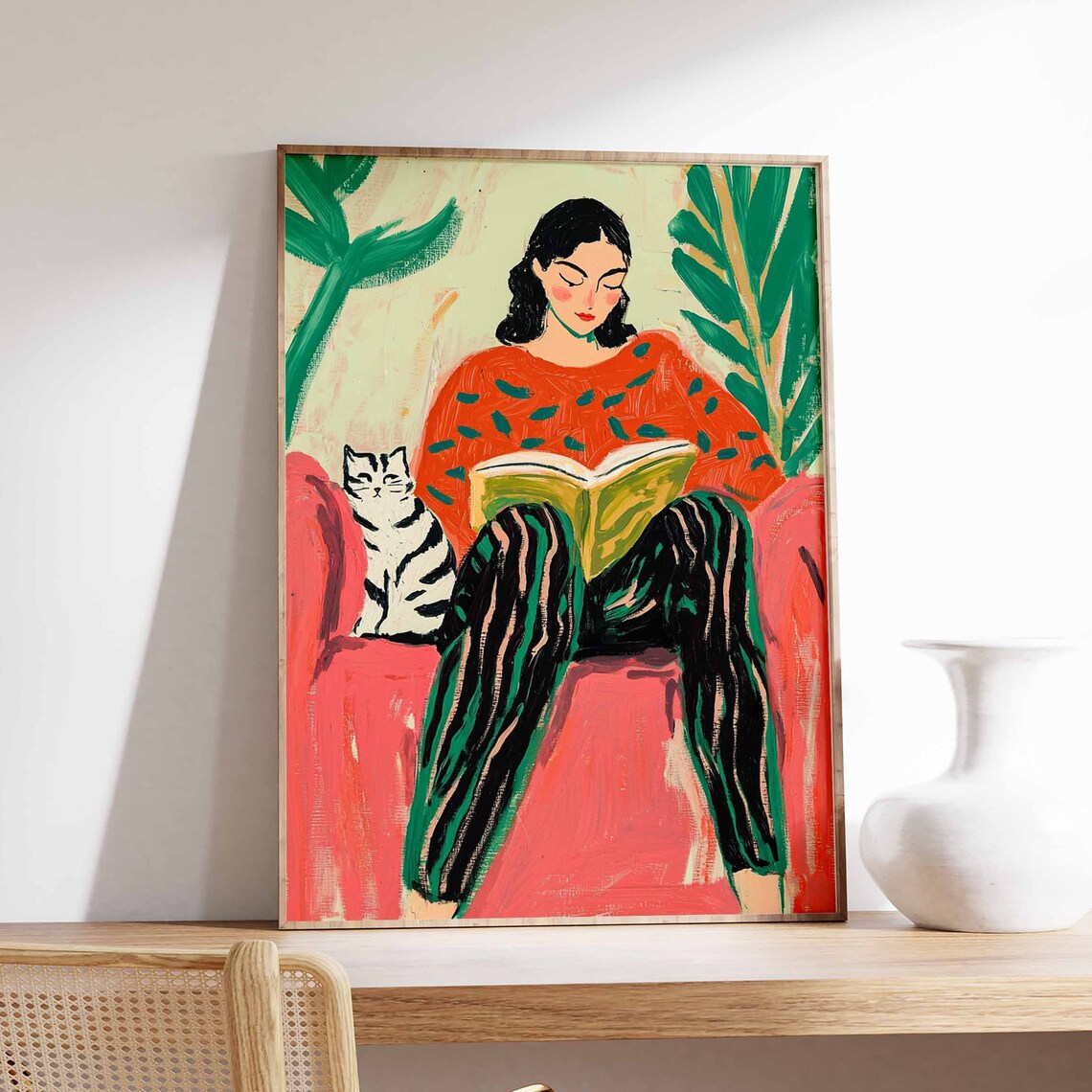 Woman Reading Book With Tabby Cat Colorful Botanical Art Poster
