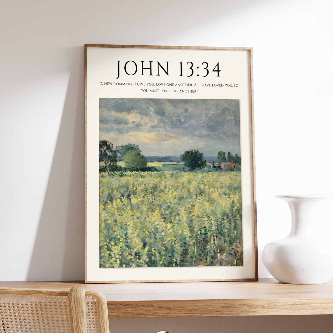 John 13:34 Bible Verse Golden Flower Field Monet Style Christian Art Poster