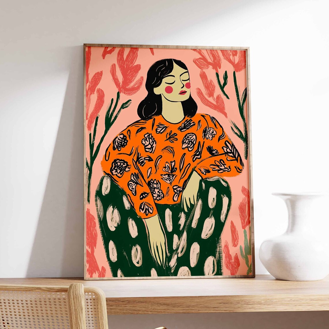 Peaceful Woman Portrait With Floral Blouse Colorful Botanical Poster