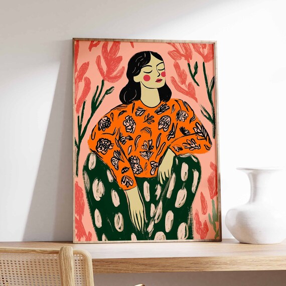 Peaceful Woman Portrait With Floral Blouse Colorful Botanical Poster