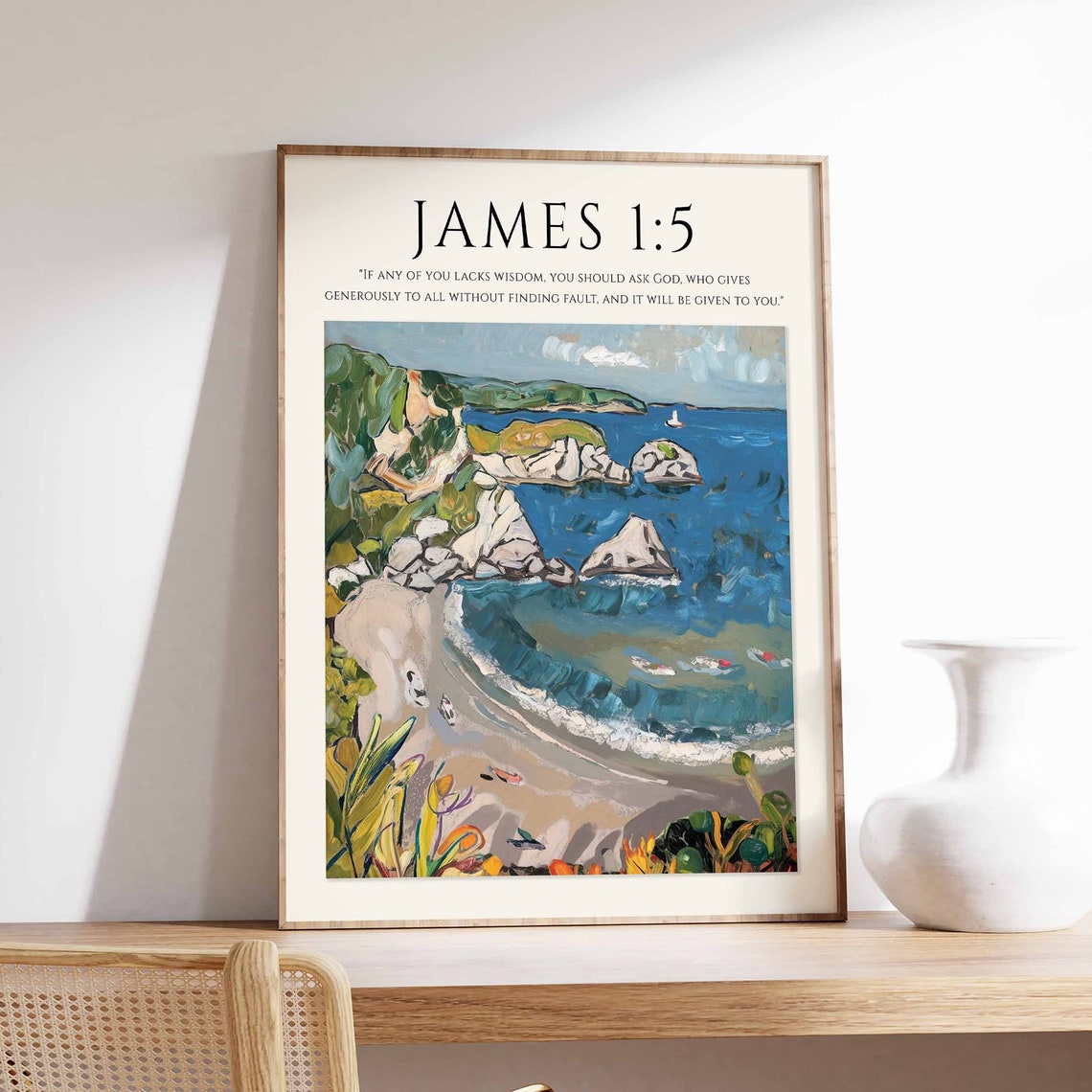 James 1:5 Bible Verse Rocky Coastal Cove Wisdom Seascape Art Print