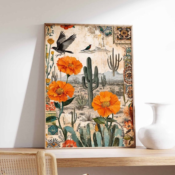 Desert Cactus Marigold Vintage Collage Southwest Botanical Wall Art
