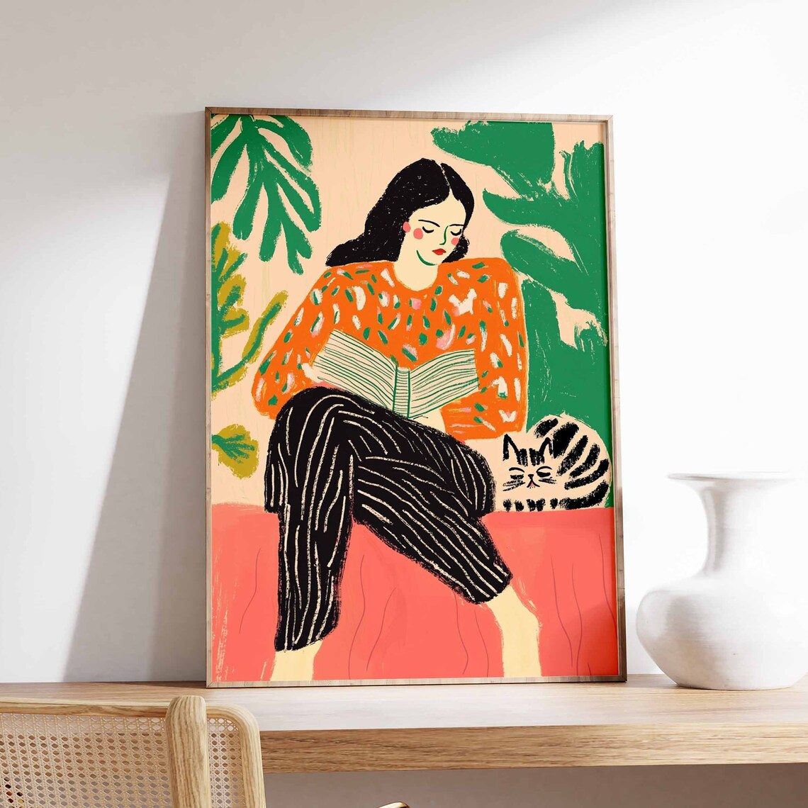 Woman Reading With Tabby Cat On Pink Couch Colorful Art Poster
