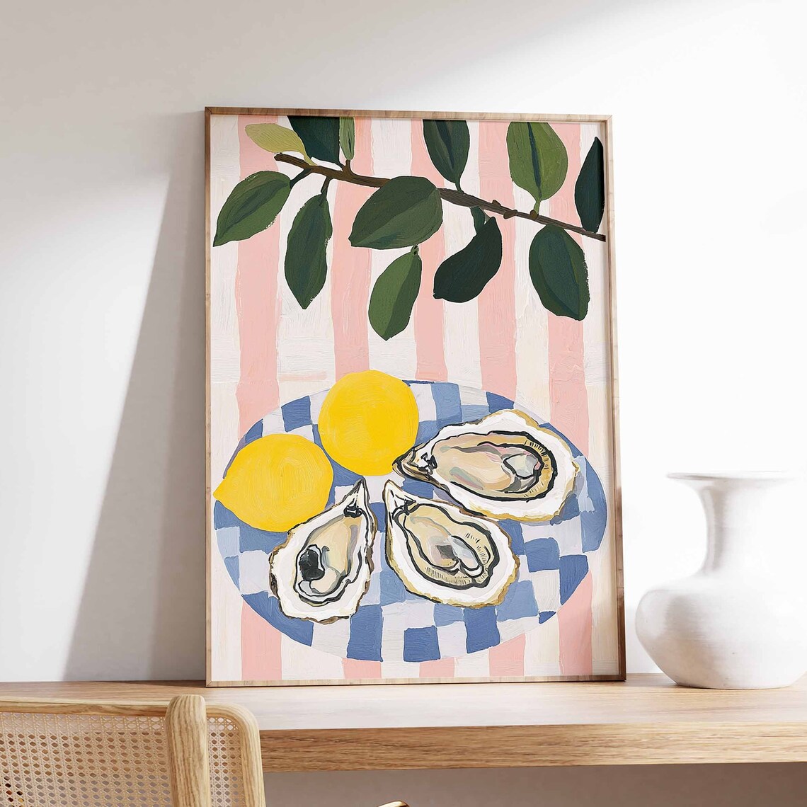 Three Oysters and Lemons Striped Coastal Kitchen Food Wall Art