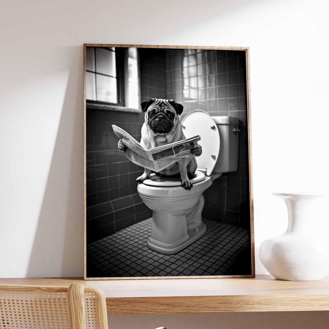 Pug Reading Newspaper on Toilet Funny Bathroom Black White Dog Poster