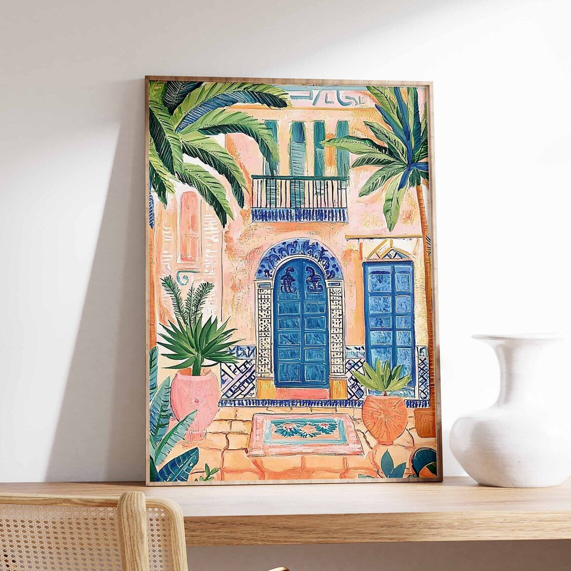Mediterranean Blue Door Facade Sunny Coastal Building Art Poster