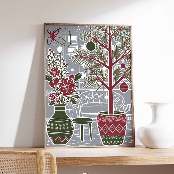 Gray Folk Christmas Tree Red Vase Scandinavian Art Style Poster