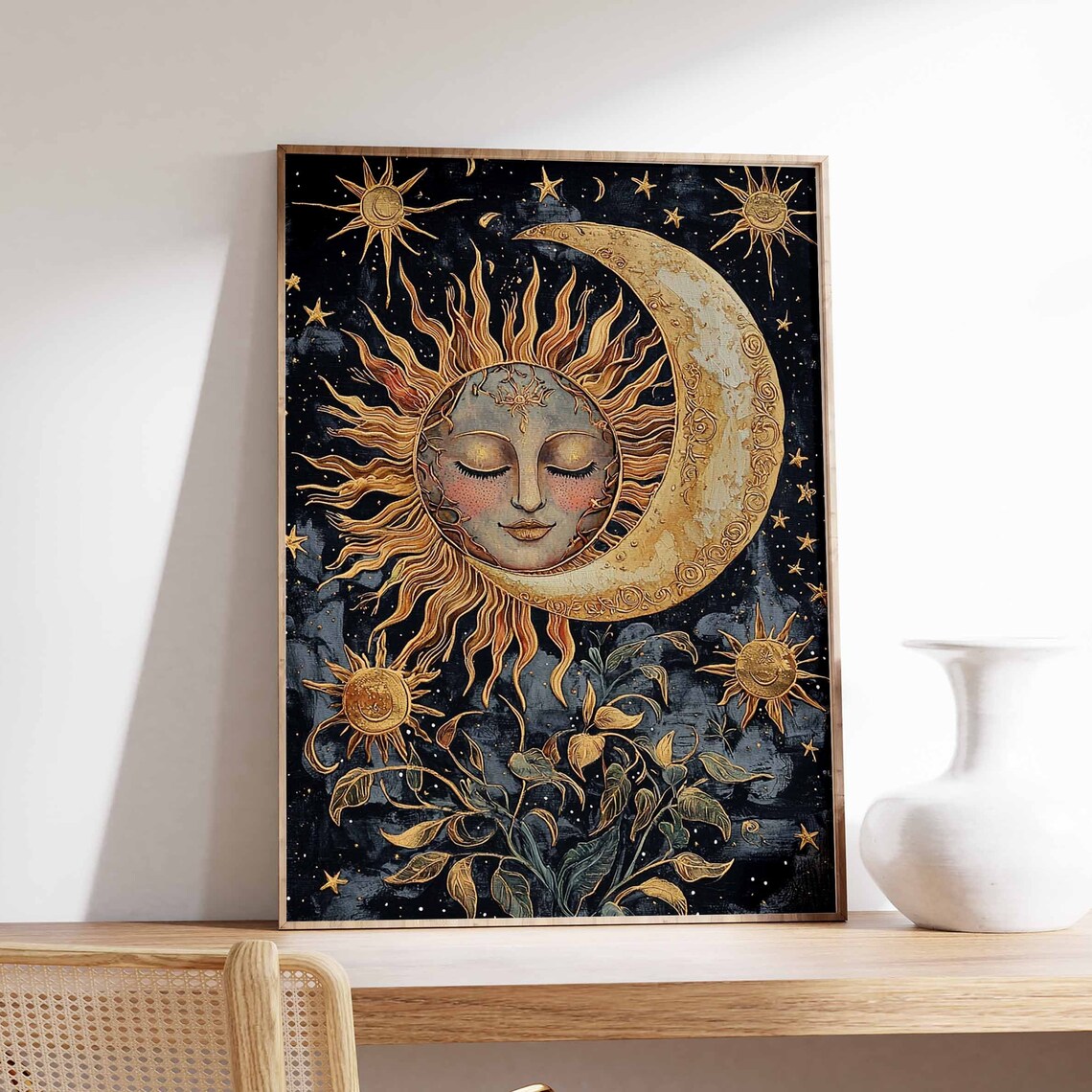 Serene Golden Sun Face Within Crescent Moon Midnight Sky Poster