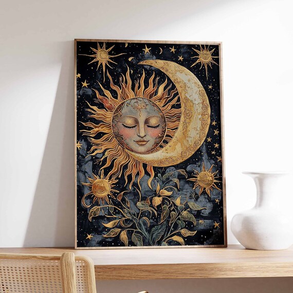 Serene Golden Sun Face Within Crescent Moon Midnight Sky Poster