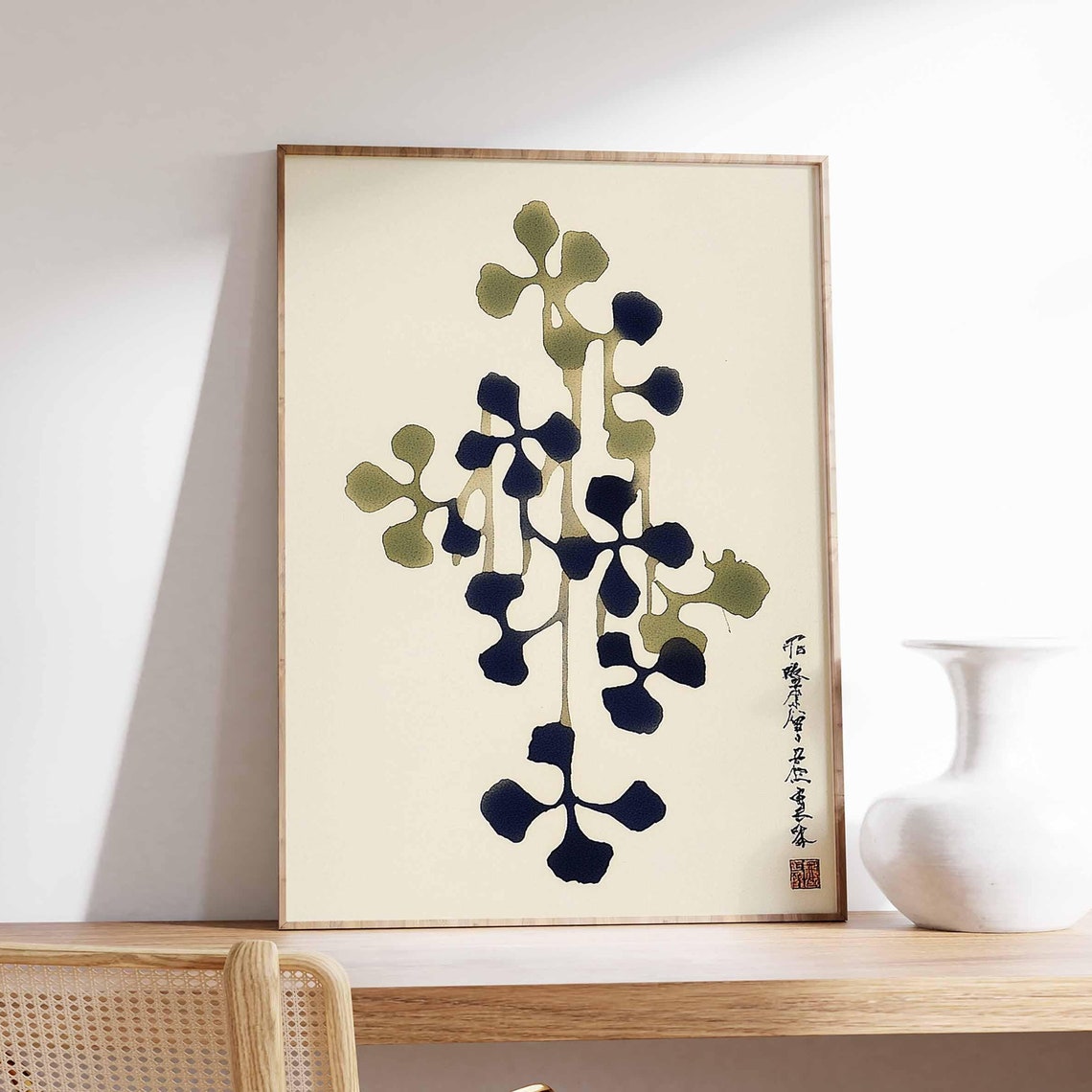 Japanese Ginkgo Leaf Ink Calligraphy Botanical Art Poster Cream