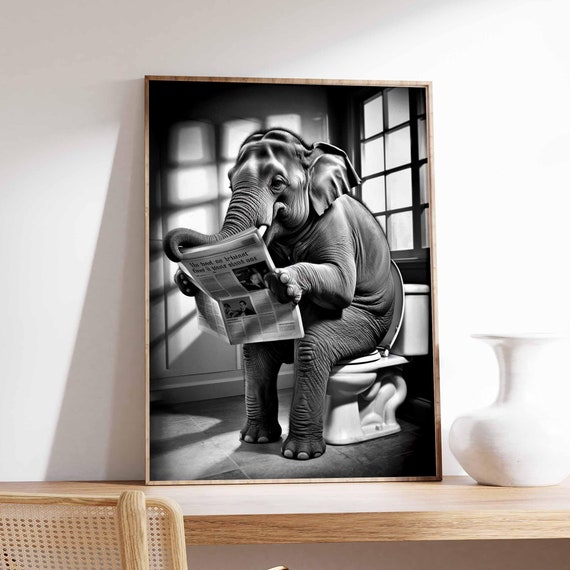 Funny Elephant Poster Bathroom Decor Surreal Poster Photographic Art Funny Print Surrealist Art Animal Print Retro Decor Animal Gift