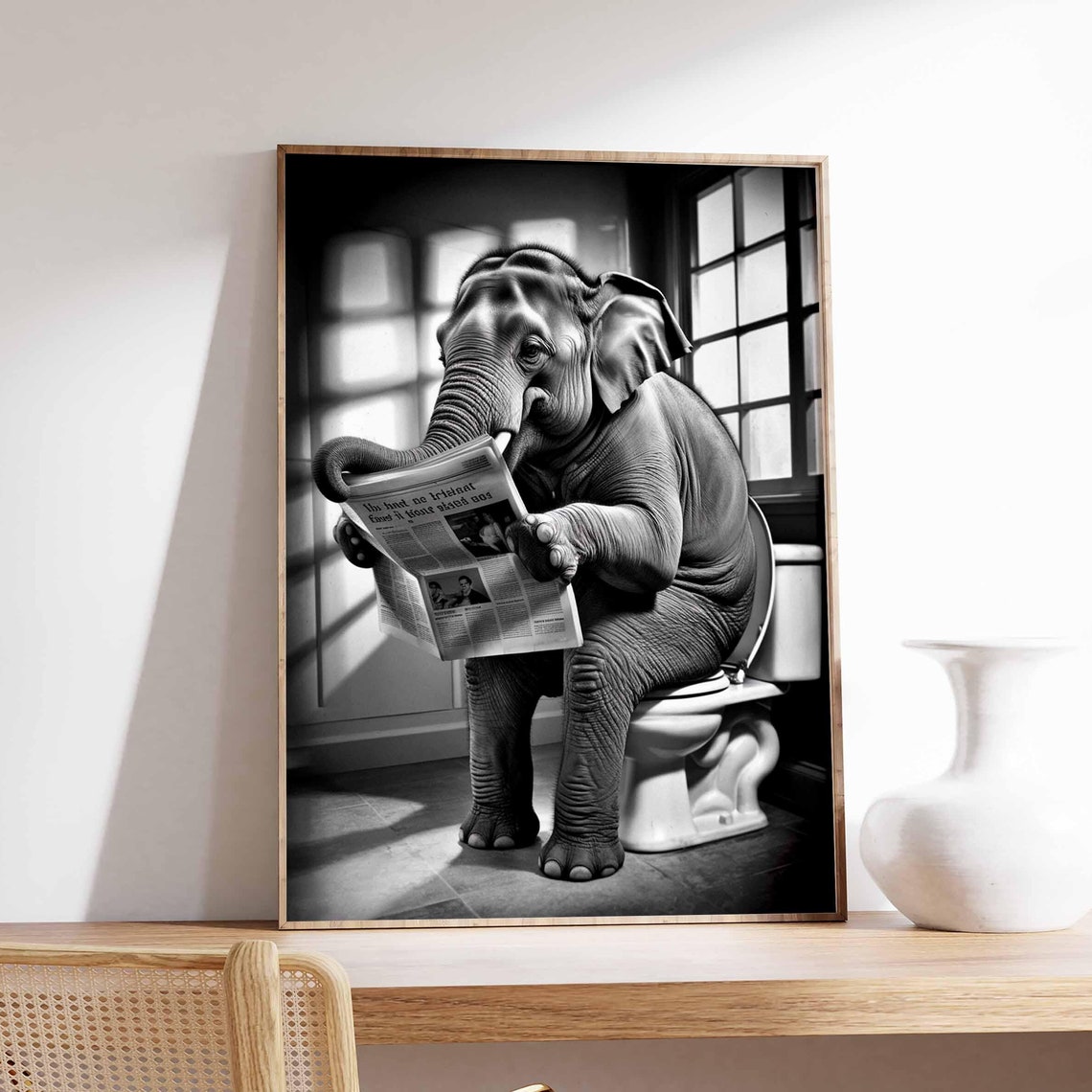 Elephant Reading Newspaper on Toilet Surreal Funny Bathroom Poster