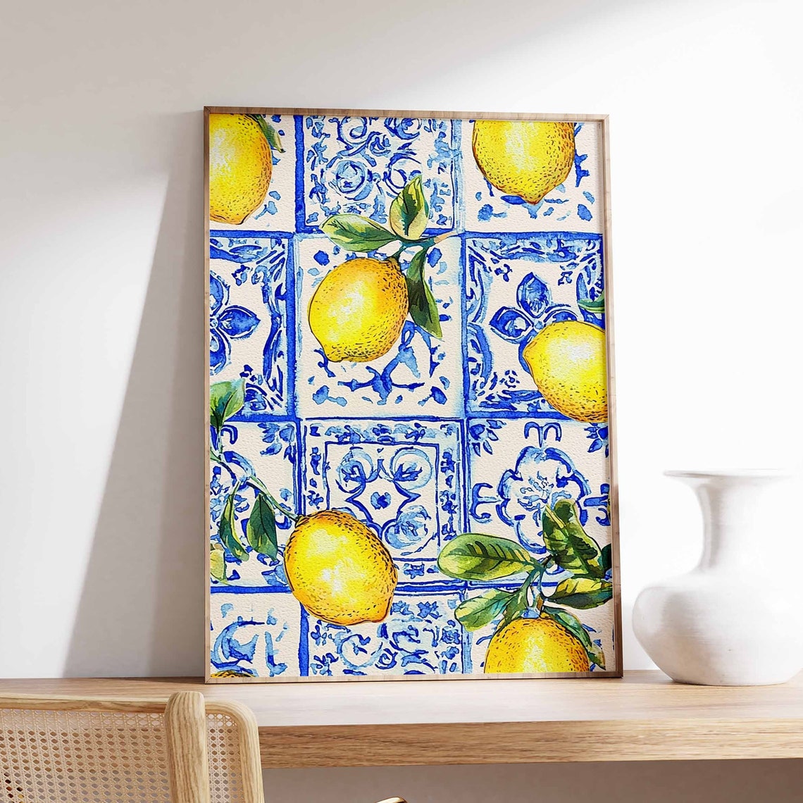 Lemons On Blue Tile Mediterranean Citrus Azulejo Kitchen Poster