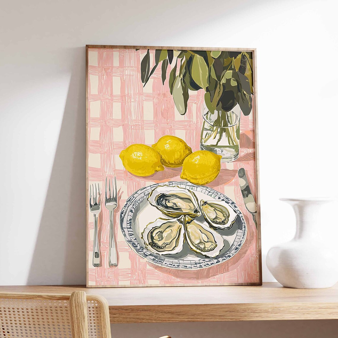 Summer Oyster Plate Lemon Pink Gingham Seafood Kitchen Art Poster