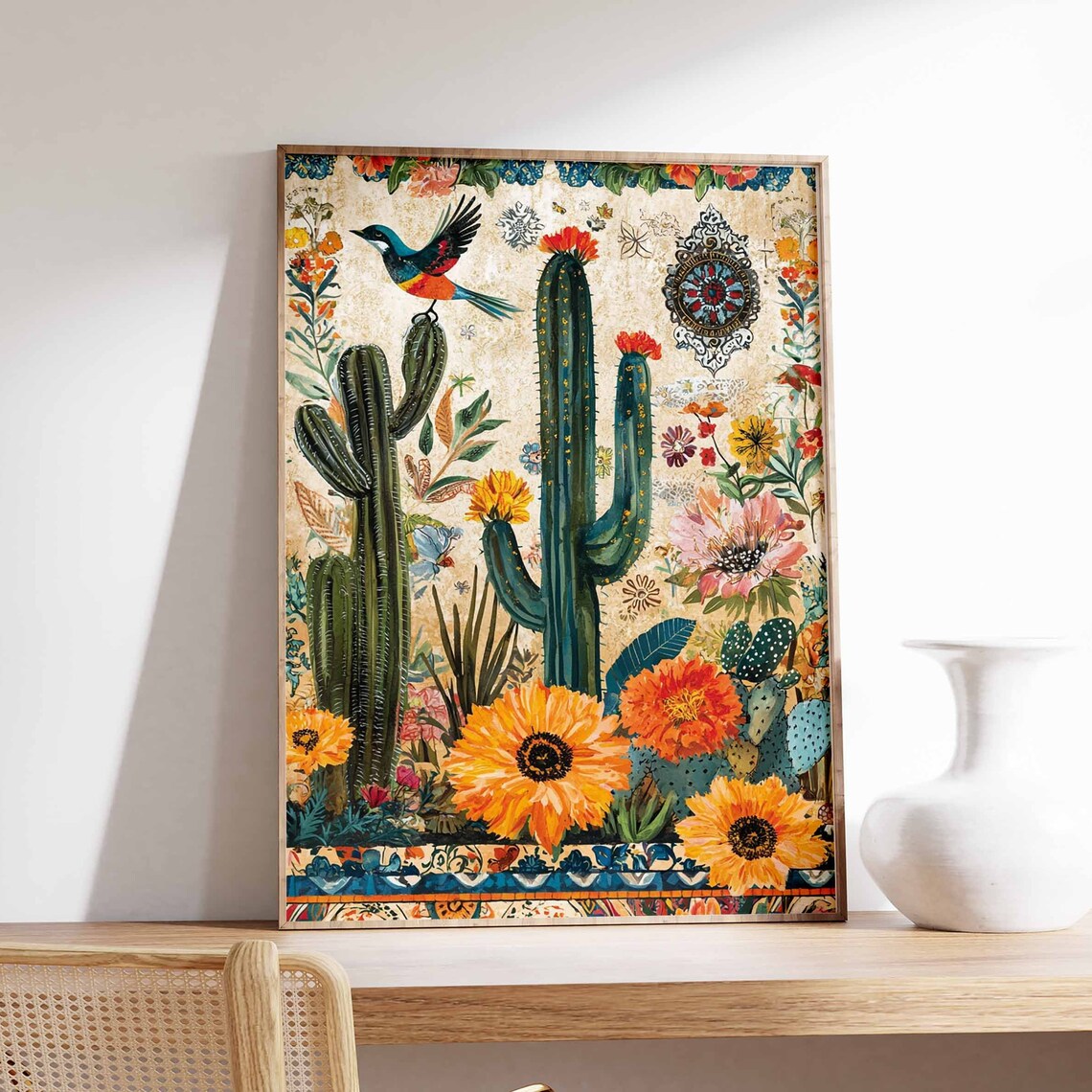Saguaro Cactus Sunflower Folk Art Colorful Bird Southwest Wall Art