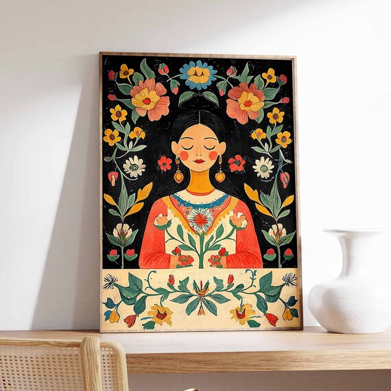 Dreamy Mexican Woman Folk Art Floral Portrait on Black Poster