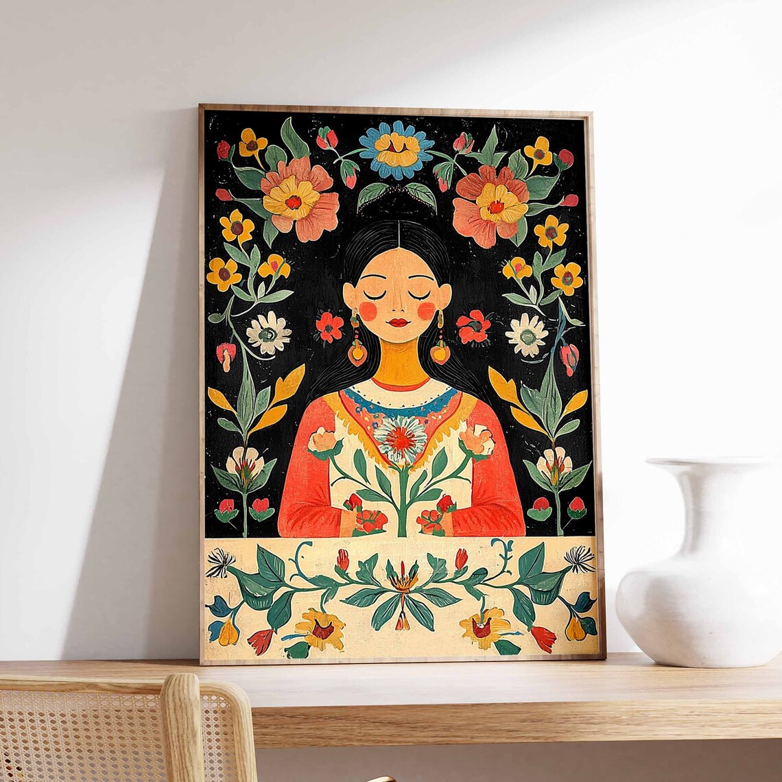 Dreamy Mexican Woman Folk Art Floral Portrait on Black Poster