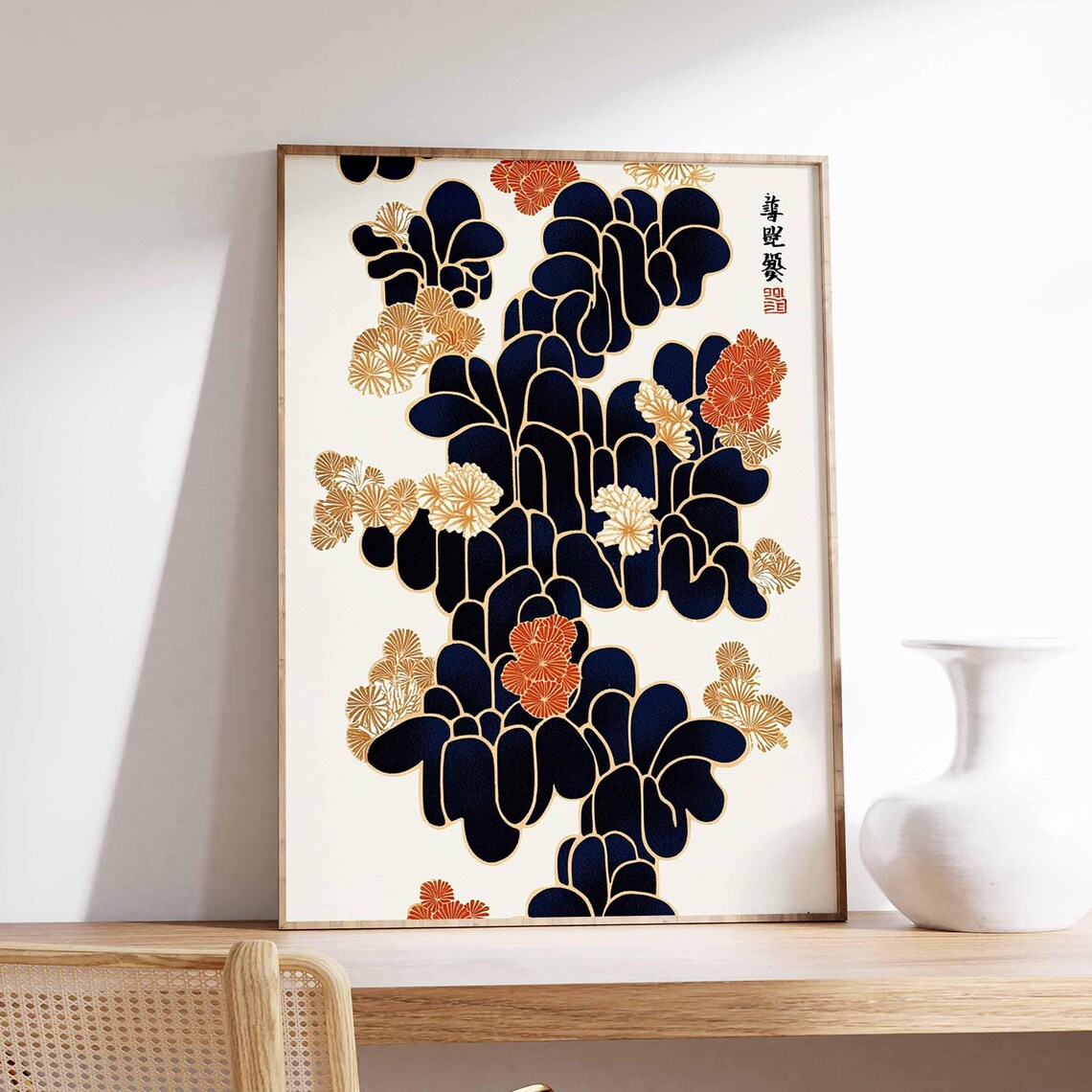 Japanese Navy Blossom Vine with Gold Floral Vintage Art Poster