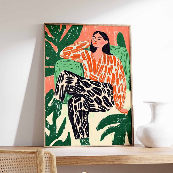 Reclining Woman Orange Blouse Black Patterned Pants Art Poster