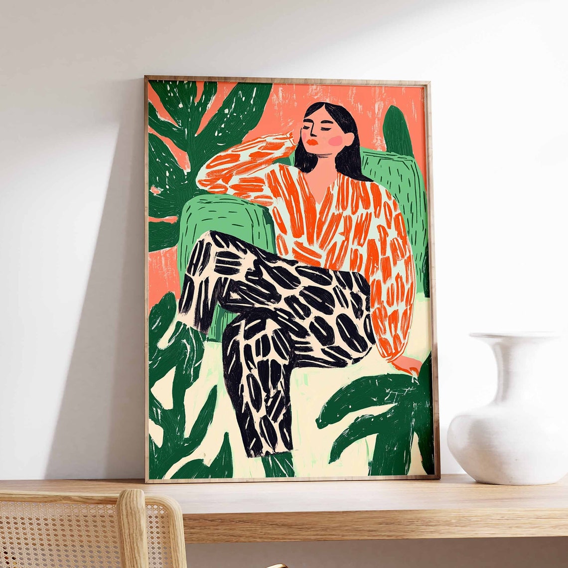 Reclining Woman Orange Blouse Black Patterned Pants Art Poster