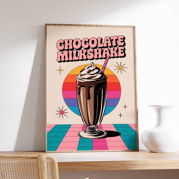 Retro Chocolate Milkshake Poster Milkshake Print Kitchen Decor Cafe Poster Retro Drinks Art Vintage Food Print Coffee Shop Decor
