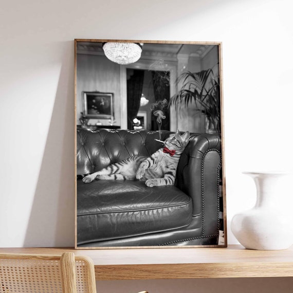 Funny Smoking Cat Poster Cat Print Surreal Poster Photographic Art Funny Print Surrealist Art Animal Print Retro Decor Animal Gift