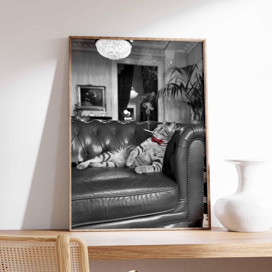 Cat with Red Bow Tie Smoking Cigarette Black White Funny Poster