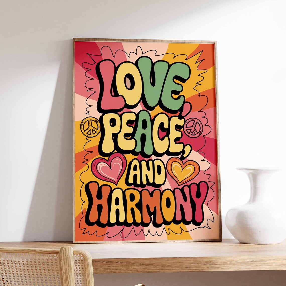 Love Peace and Harmony Hippie Retro 70s Bubble Letter Sunburst Poster