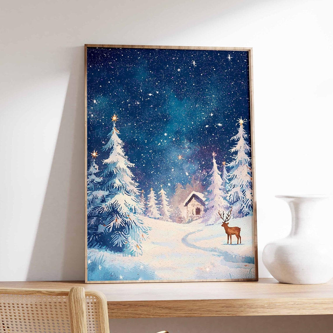 Snowy Winter Path To Cozy Cabin With Deer Starry Night Poster