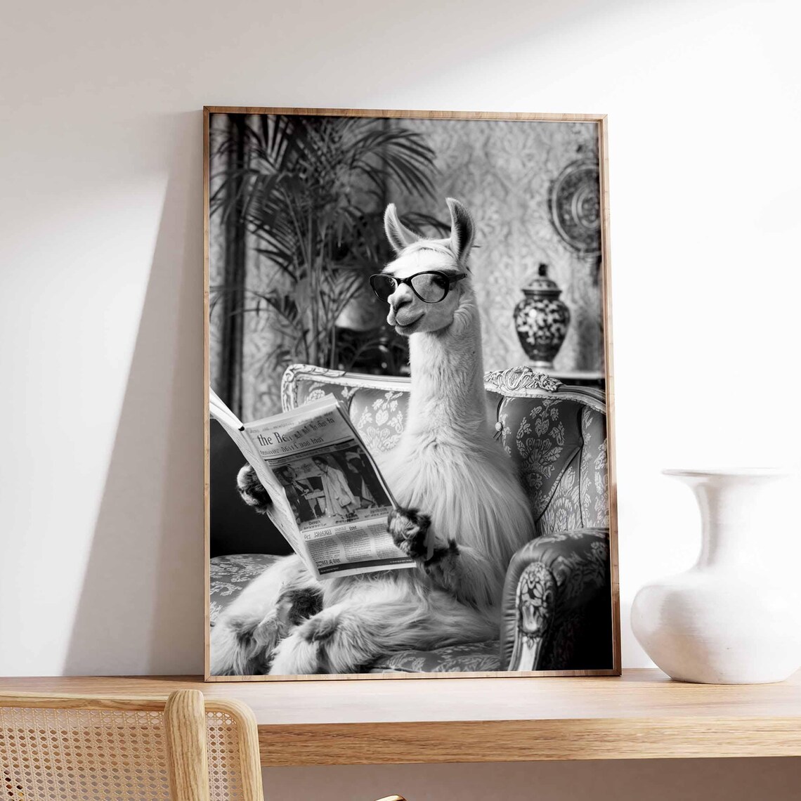 Funny Alpaca Sunglasses Reading Newspaper Black White Wall Art