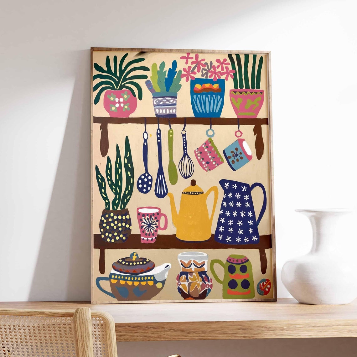 Boho Kitchen Shelves Plants And Teapots Scandinavian Folk Art Poster