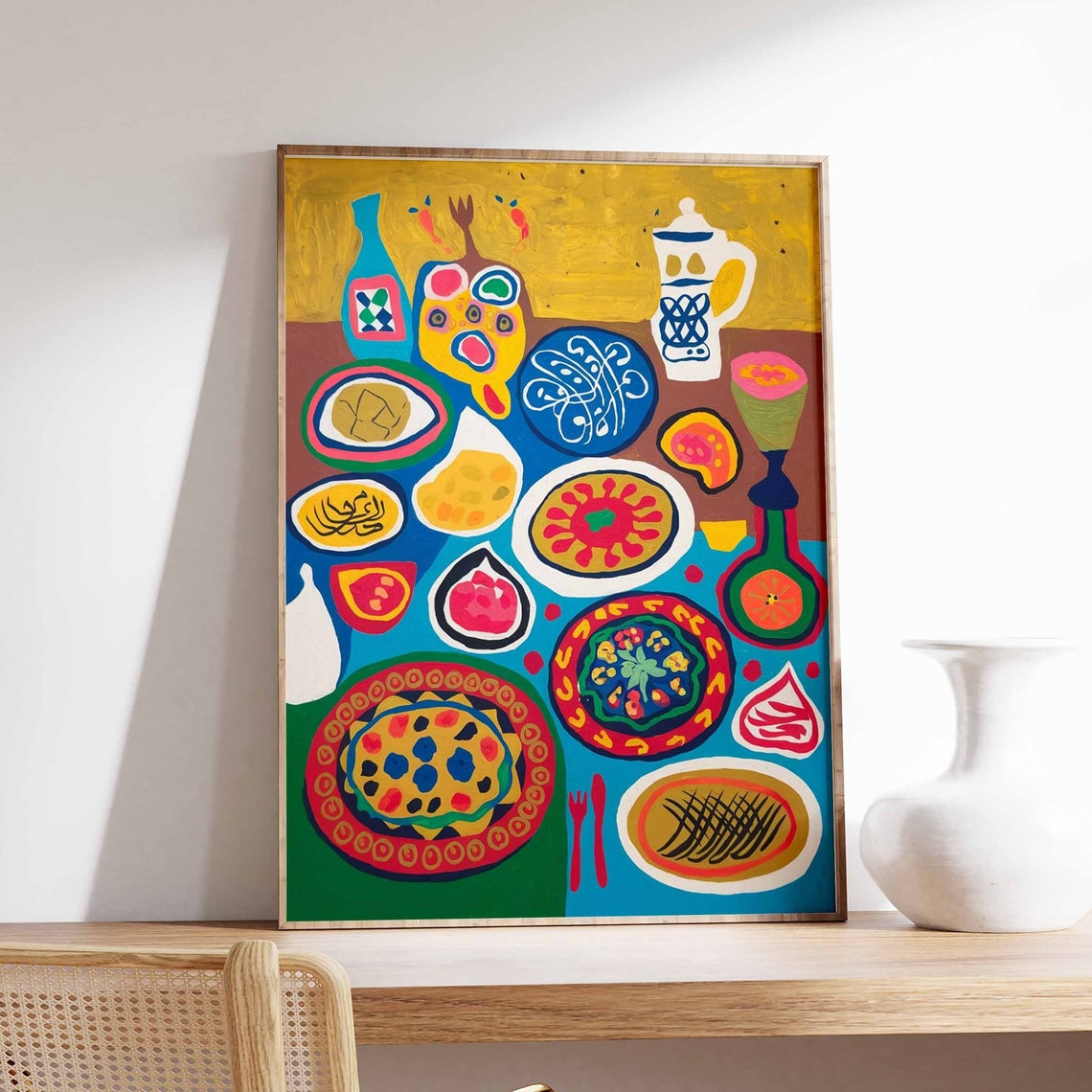 Mediterranean Feast Table Folk Art Patterned Plates Fish Poster