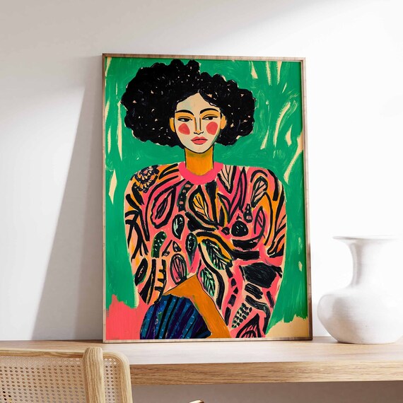 Colorful Woman Portrait Print Naive Art Curly Hair Green Boho