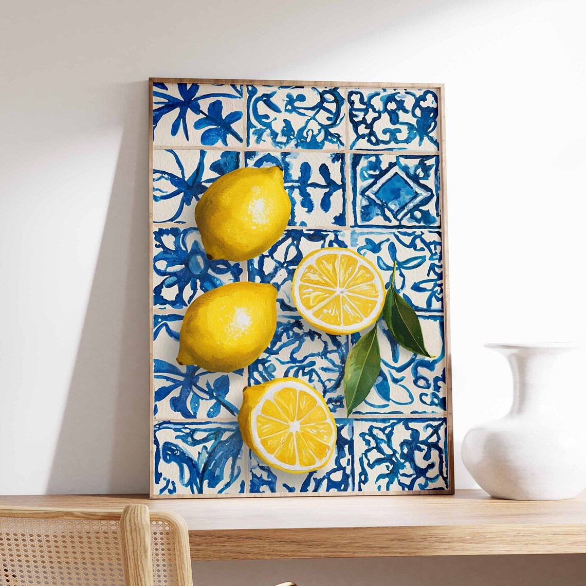 Fresh Vibrant Lemons and Halves with Leaves Blue Tile Art Poster