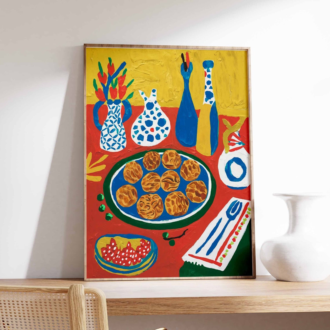Red Dinner Table With Patterned Blue Vases Bold Still Life Poster