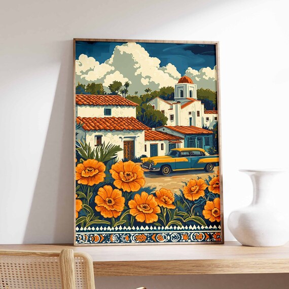 Mexican Village Street Vintage Car Marigold Retro Travel Poster
