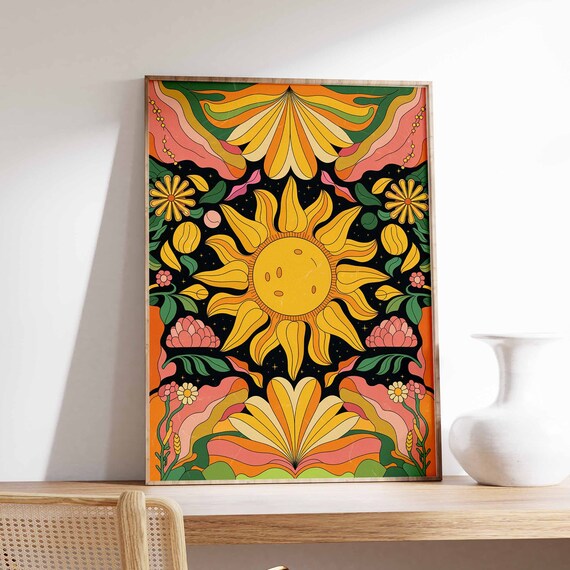 Retro Seventies Psychedelic Sun Flower Boho Celestial Wall Art