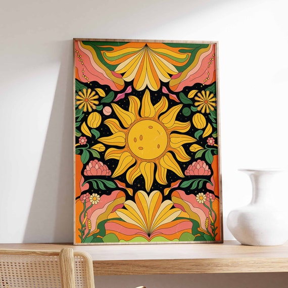 Sun And Moon Poster Celestial Poster Spiritual Decor Vintage Poster Retro Print 70s Poster Boho Poster Mystical Art Meditation Art