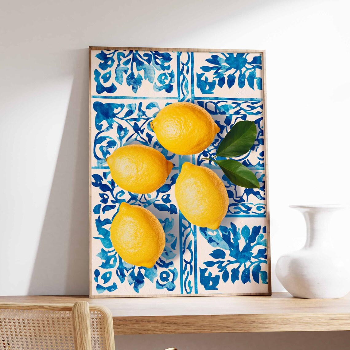 Ripe Four Lemons with Leaves Blue Tile Still Life Art Poster