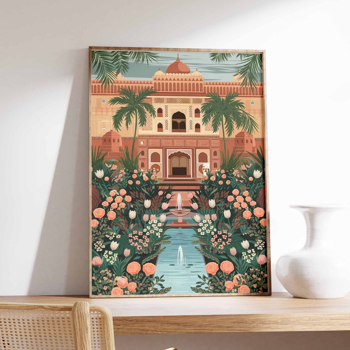 Ornate Indian Palace Rose Garden Fountain Illustration Poster