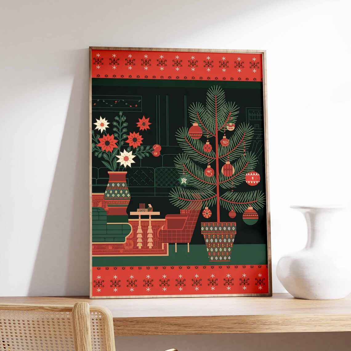 Scandinavian Dark Green Red Folk Christmas Fireplace Tree Art Poster