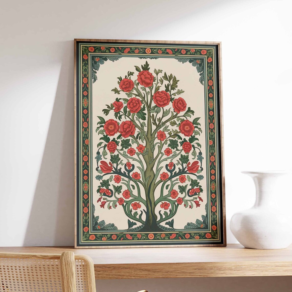 Red Rose Tree Vintage Indian Folk Botanical Floral Bloom Art Poster