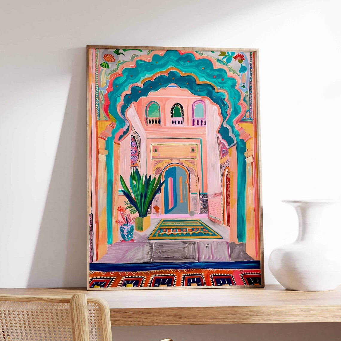 Pastel Pink Palace Arch Turquoise Door Tropical Plants Art Poster