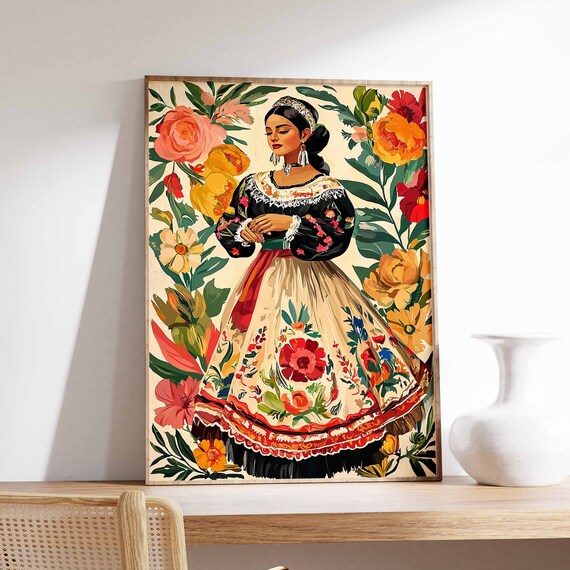 Beautiful Latina Woman in Embroidered Dress Floral Folk Art Poster