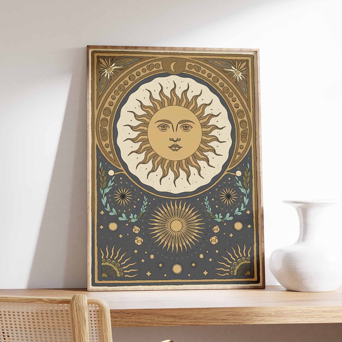 Ornate Golden Sun Medallion On Slate Blue Geometric Art Poster
