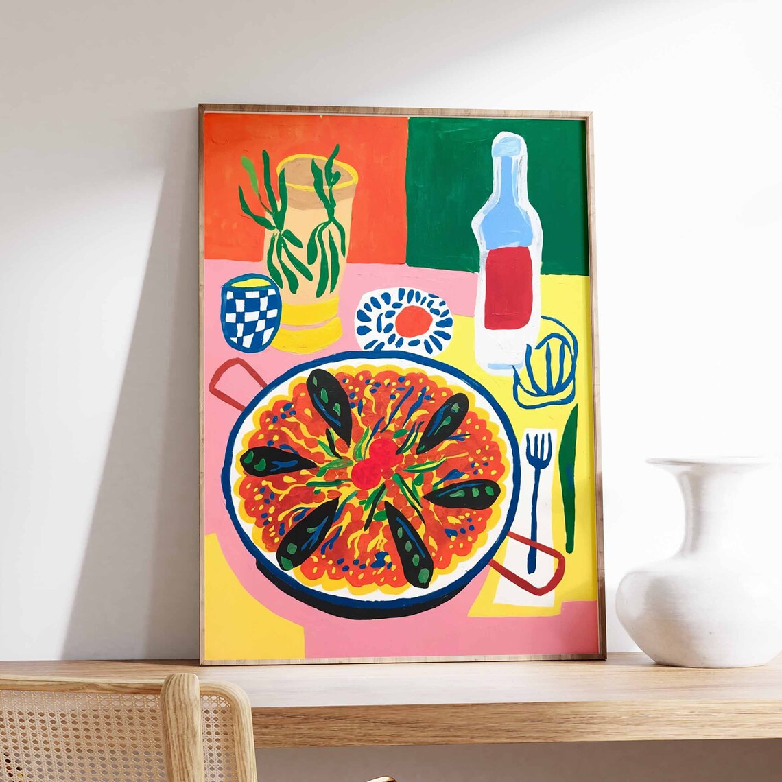Spanish Paella Seafood Rice Pan Retro Kitchen Folk Art Poster